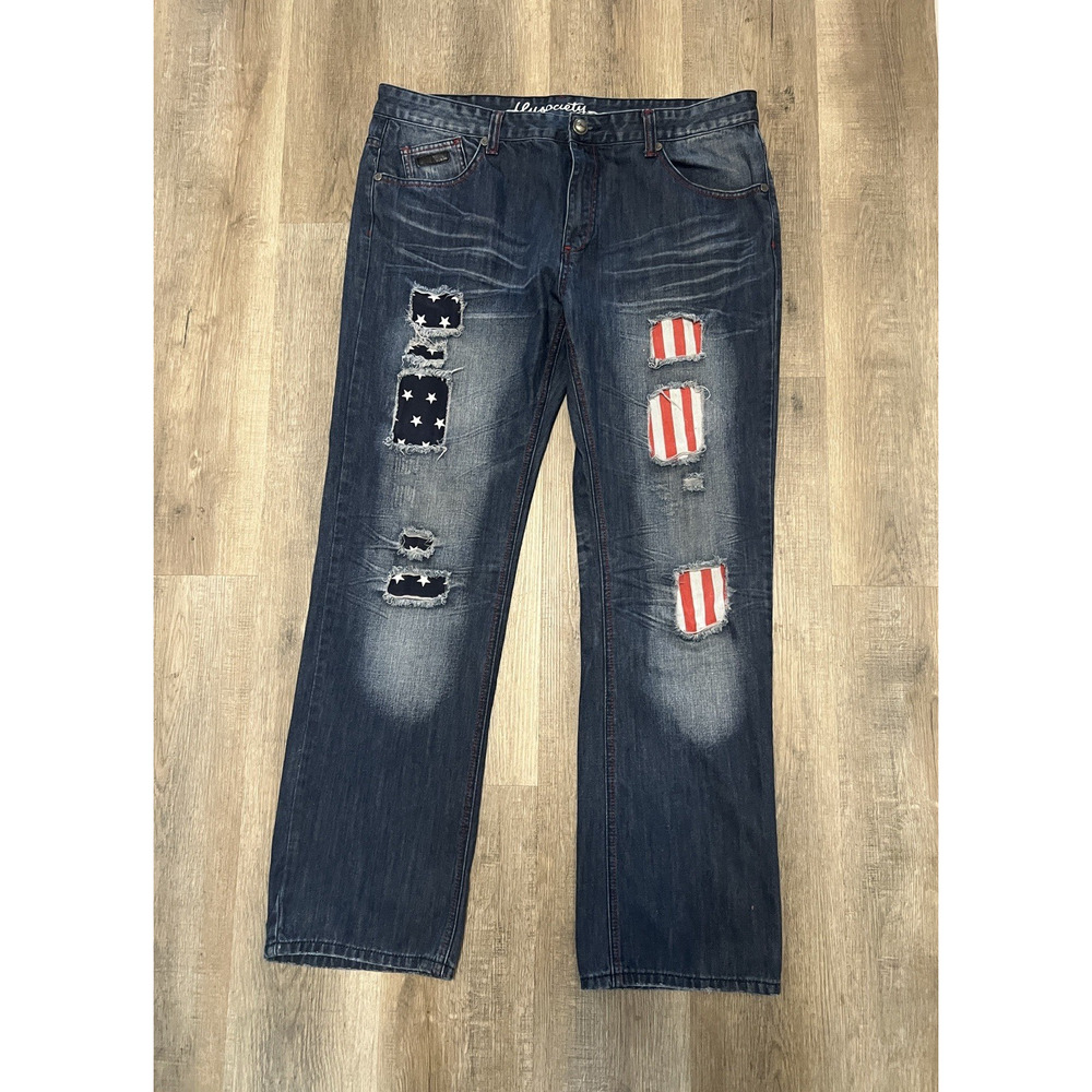 Fly Society Jeans Men's 40x34 Distressed Flag Patch Denim USA Stars Stripes